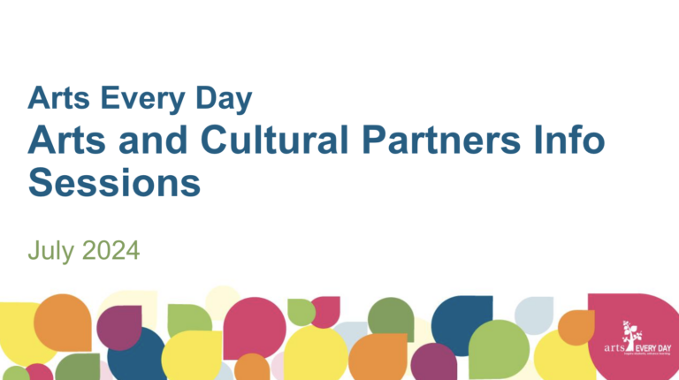 a screenshot of a slide deck title page with the words Arts Every Day Arts and Culture Partners Info Sessions July 2024.
